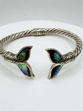 Abalone Whale Tail Hinged Cuff Bracelet | Solid Sterling Silver .925 | 6.5”